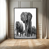 79634-MGV-FC-24X36_Black-Elephant Herd Wall Art Canvas Print, Framed African Elephant Art Picture Print, Monochrome Wildlife Perfect Monochrome Safari