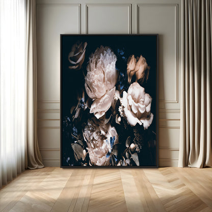 47195-MGV-FC-24X36_Black-Moody Peonies Wall Art Canvas Print, Framed Dark Floral Art Picture Print, Creamy Rose Perfect Baroque Floral Decor Artwork