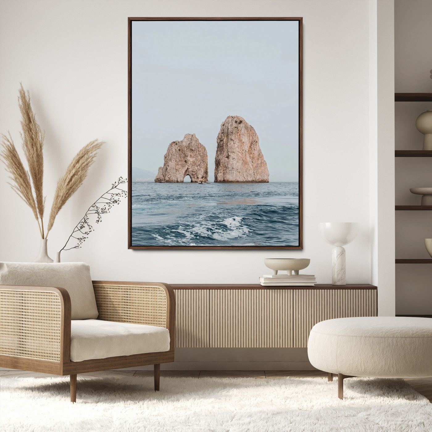 23148844-MGV-CV-24X36-Faraglioni Capri Wall Art Canvas Print, Framed Serene Ocean Art Picture Print, Mediterranean Coastal Perfect Mediterranean