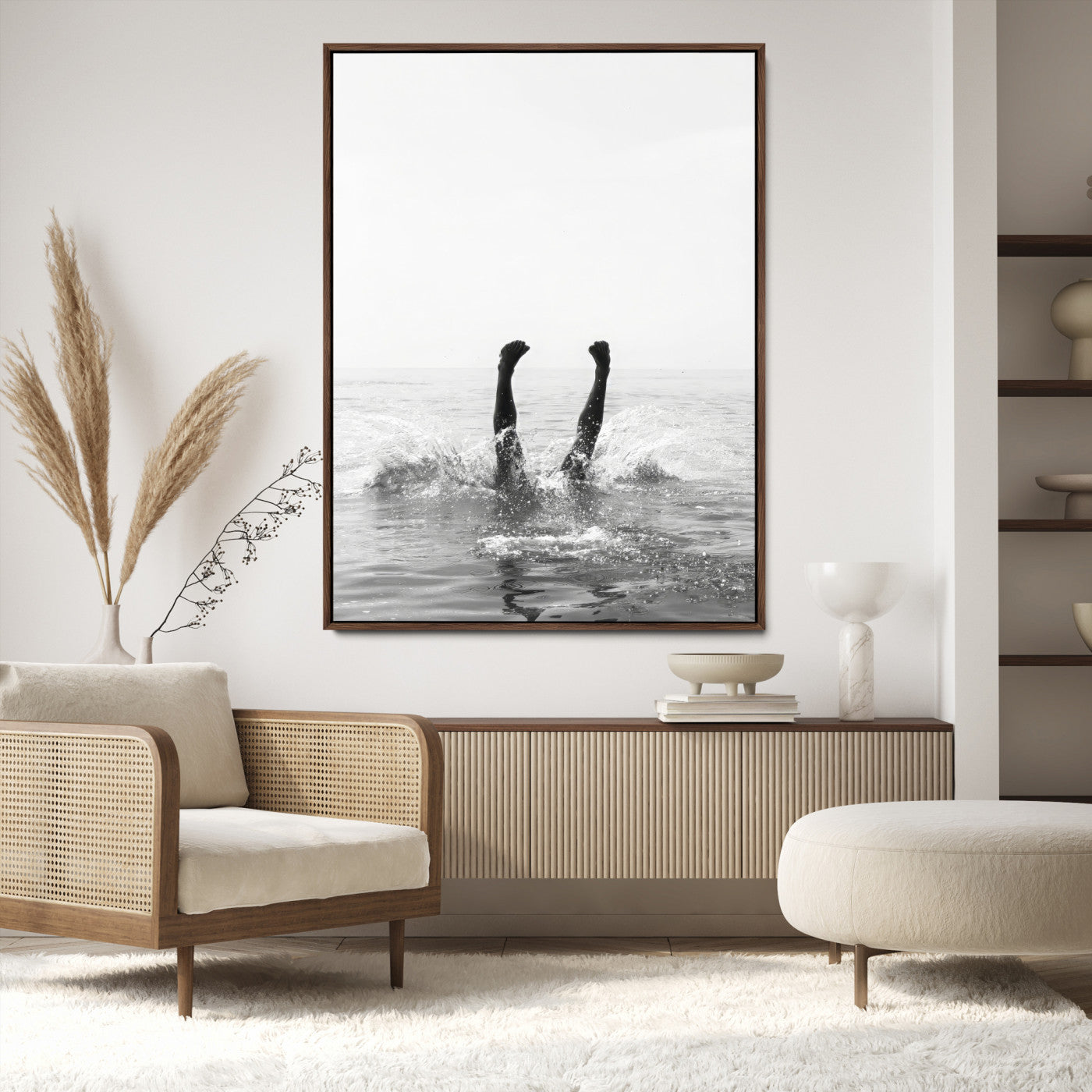 43900465-MGV-CV-24X36-Minimal Ocean Wall Art Canvas Print, Framed Monochrome Diving Art Picture Print, Swimmer in Sea Perfect Minimalist Coastal Decor