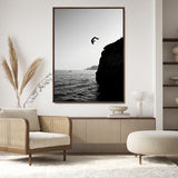 99497106-MGV-CV-24X36-Cliff Jumping Wall Art Canvas Print, Framed Black White Ocean Art Picture Print, Monochrome Cliff Perfect Minimalist Adventure