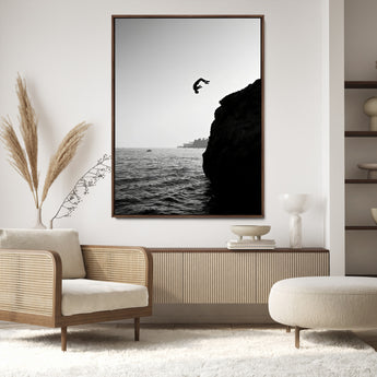 99497106-MGV-CV-24X36-Cliff Jumping Wall Art Canvas Print, Framed Black White Ocean Art Picture Print, Monochrome Cliff Perfect Minimalist Adventure