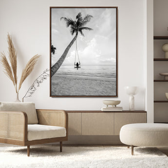 78460277-MGV-CV-24X36-Black White Palms Wall Art Canvas Print, Framed Beach Swing Art Picture Print, Monochrome Coastal Perfect Minimalist Coastal Decor