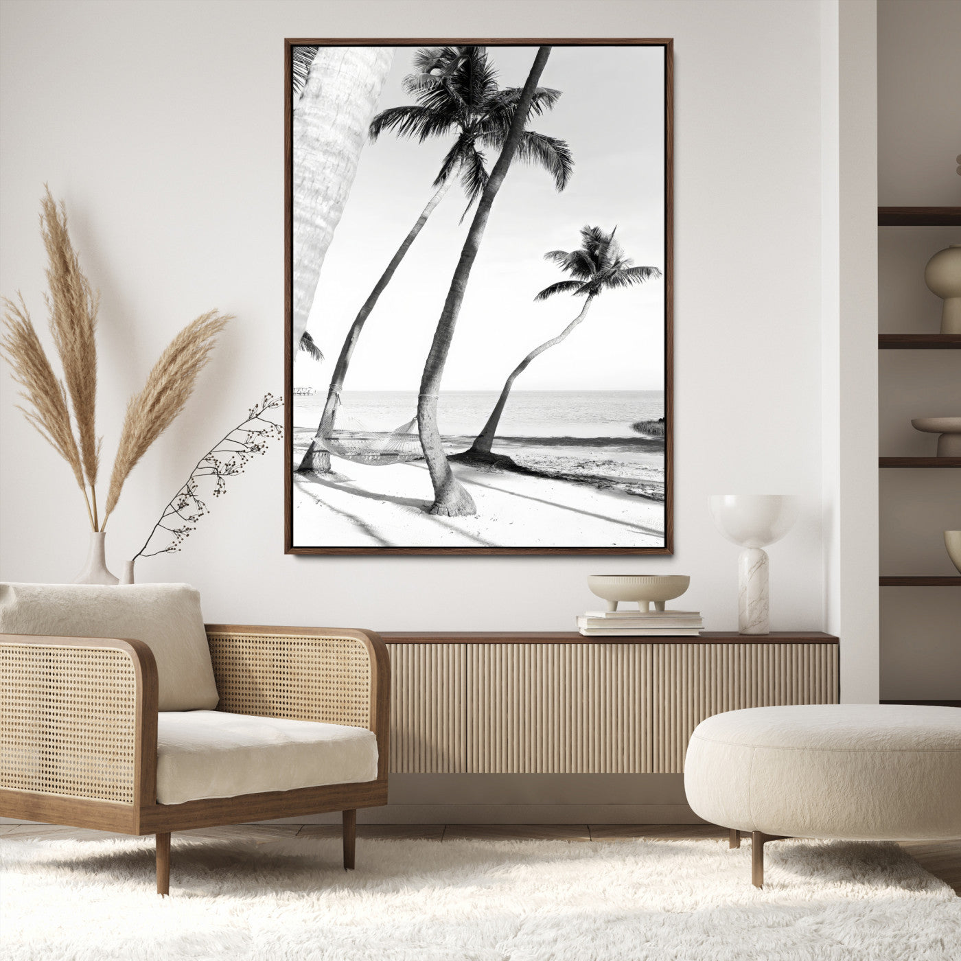 50406026-MGV-CV-24X36-Black White Palms Wall Art Canvas Print, Framed Tropical Beach Art Picture Print, Minimalist Coastal Perfect Coastal Minimalist