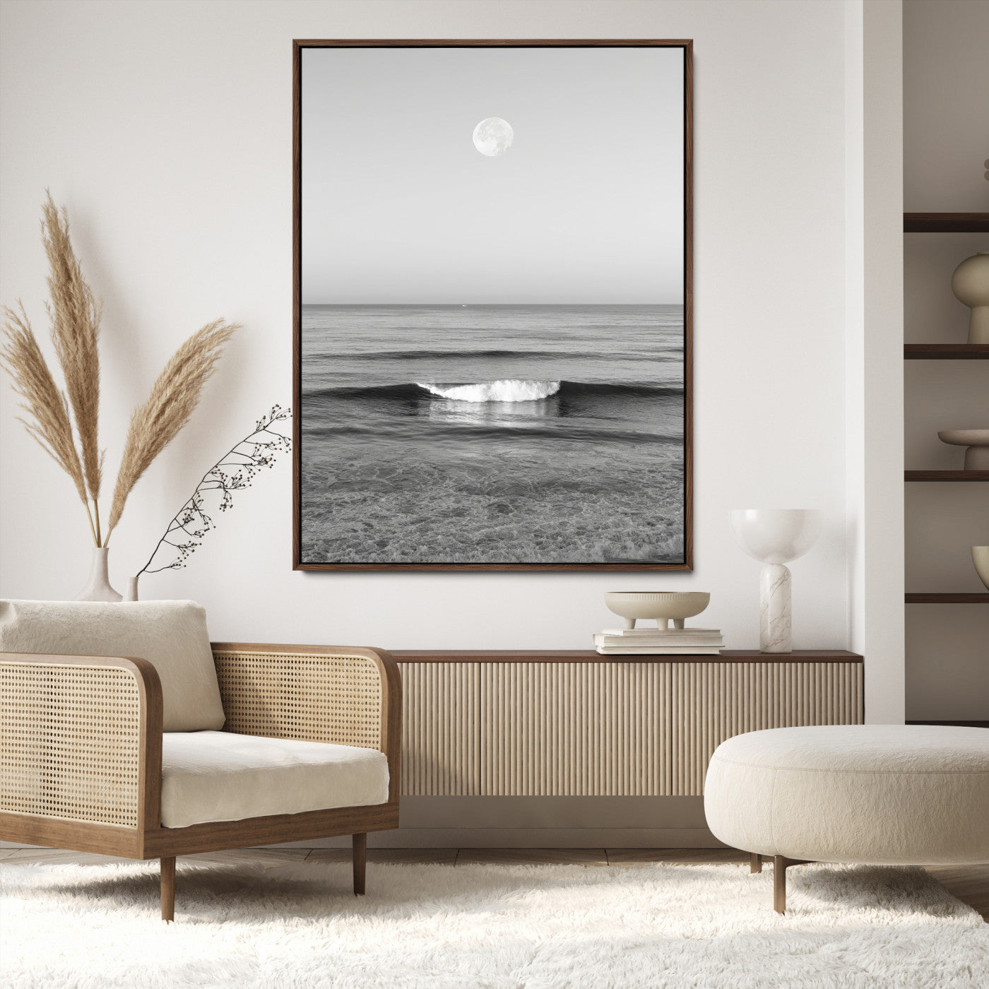 96234442-MGV-CV-24X36-Black White Ocean Scene Wall Art Canvas Print, Framed Full Moon Over Sea Art Picture Print, Tranquil Coastal Canvas Perfect