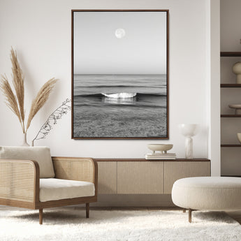 96234442-MGV-CV-24X36-Black White Ocean Scene Wall Art Canvas Print, Framed Full Moon Over Sea Art Picture Print, Tranquil Coastal Canvas Perfect