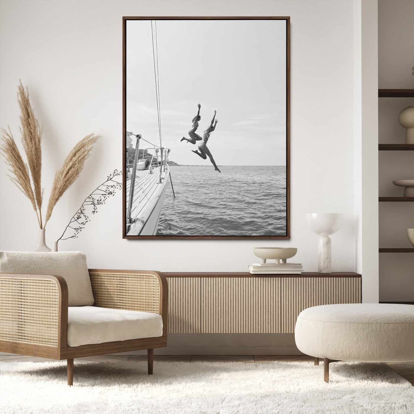 74555508-MGV-CV-24X36-Black White Sailing Wall Art Canvas Print, Framed Ocean Adventure Art Picture Print, Summer Energy Perfect Modern Minimalism Decor