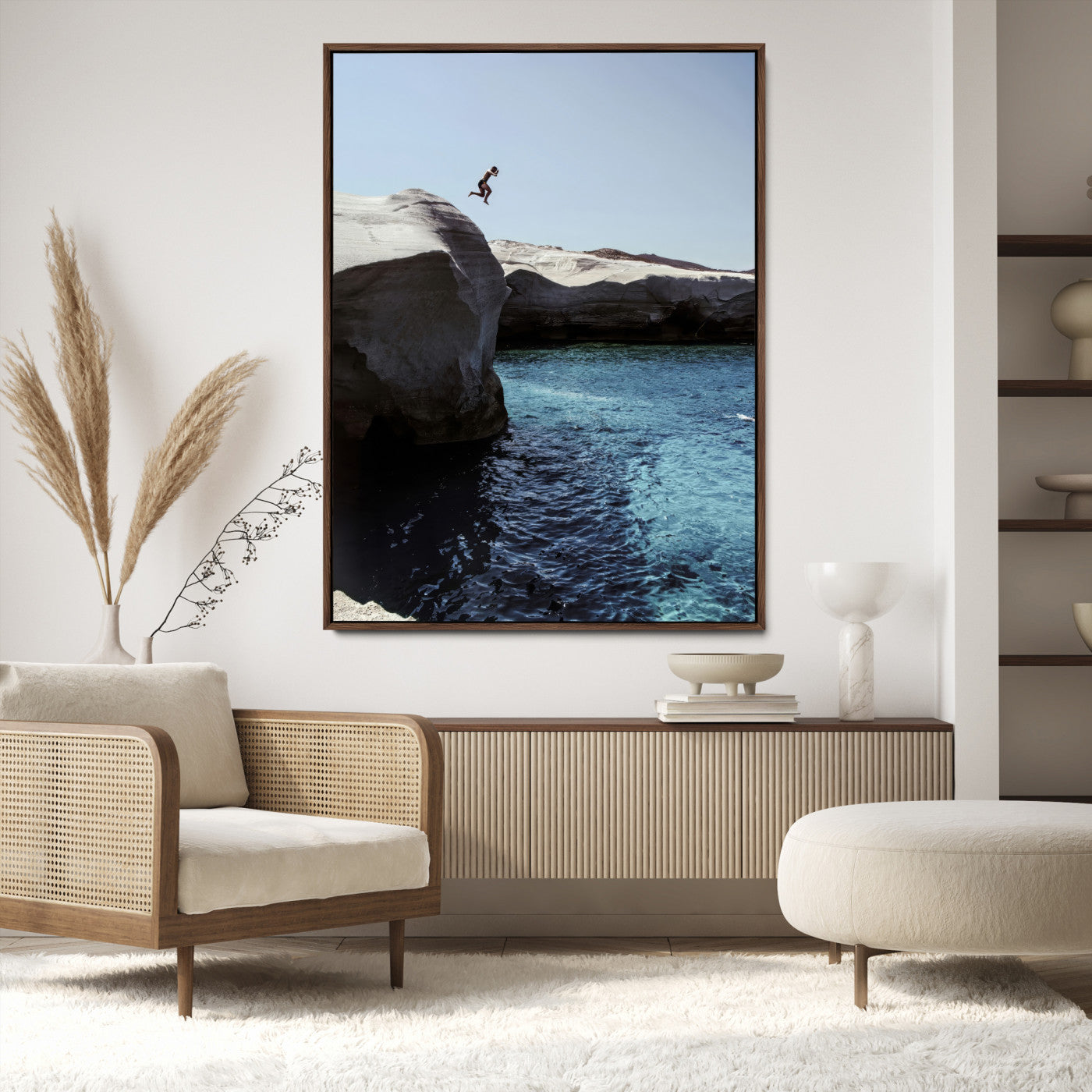 96853328-MGV-CV-24X36-Cliff Diving Wall Art Canvas Print, Framed Turquoise Sea Art Picture Print, Ocean Adventure Perfect Coastal Minimalist Decor