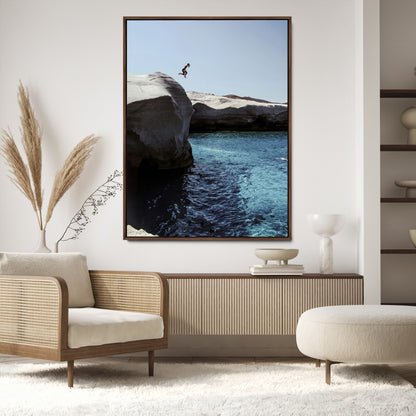 96853328-MGV-CV-24X36-Cliff Diving Wall Art Canvas Print, Framed Turquoise Sea Art Picture Print, Ocean Adventure Perfect Coastal Minimalist Decor