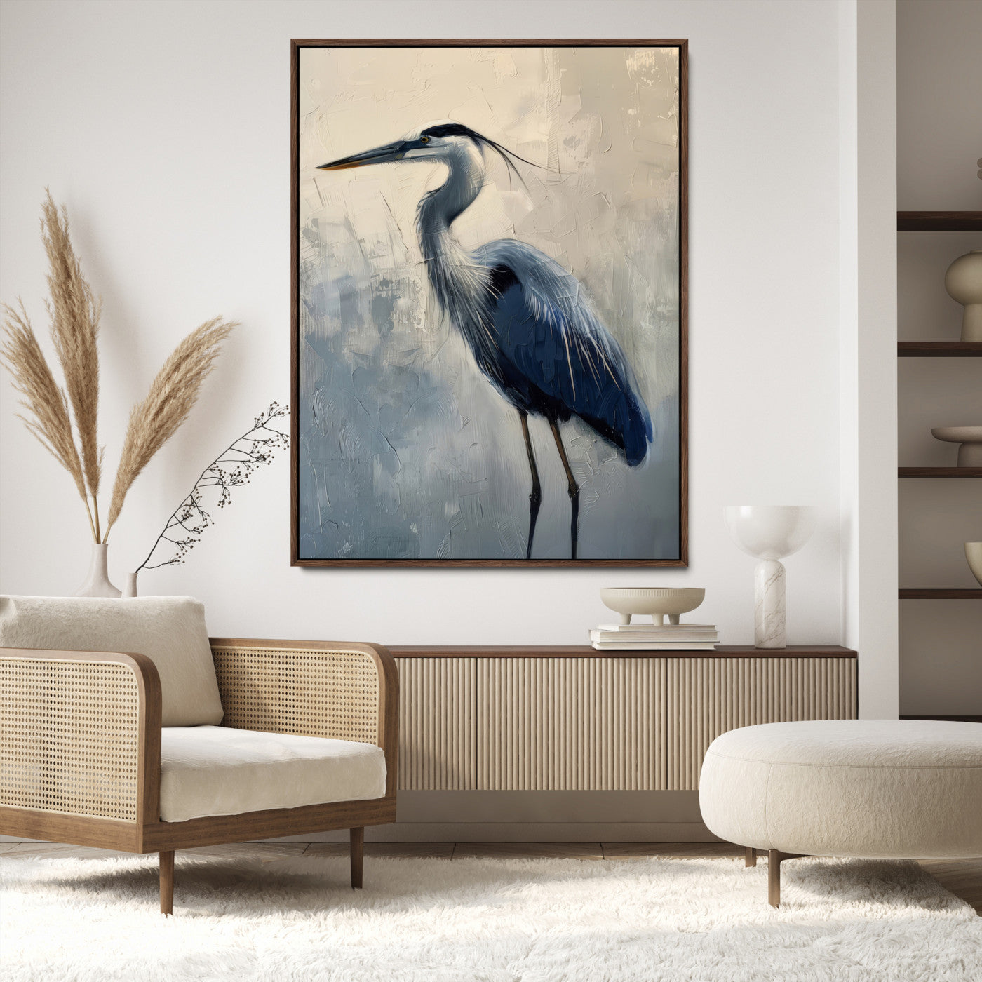 68368019-MGV-CV-24X36-Blue Heron Art Wall Art Canvas Print, Framed Crane Bird Painting Art Picture Print, Elegant Wildlife Scene Perfect Coastal