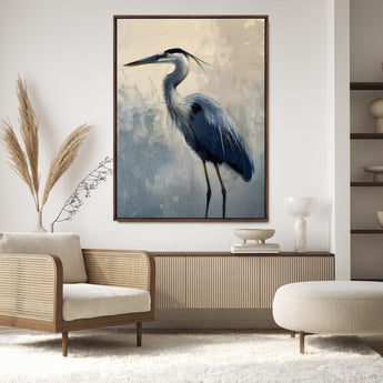 68368019-MGV-CV-24X36-Blue Heron Art Wall Art Canvas Print, Framed Crane Bird Painting Art Picture Print, Elegant Wildlife Scene Perfect Coastal