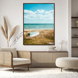 21725303-MGV-CV-24X36-Coastal Serenity Wall Art Canvas Print, Framed Ocean View Art Picture Print, Rustic Boat Perfect Nautical Coastal Decor Artwork