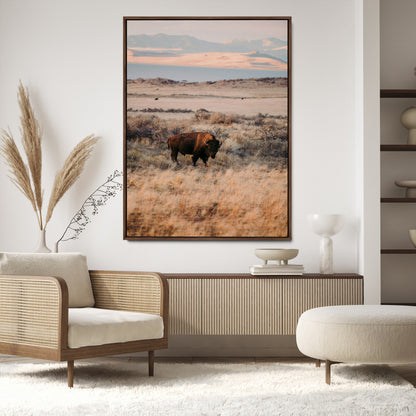 75146693-MGV-CV-24X36-Solitary Buffalo Wall Art Canvas Print, Framed Golden Prairie Art Picture Print, Earthy Tones Perfect Rustic Western Decor Artwork