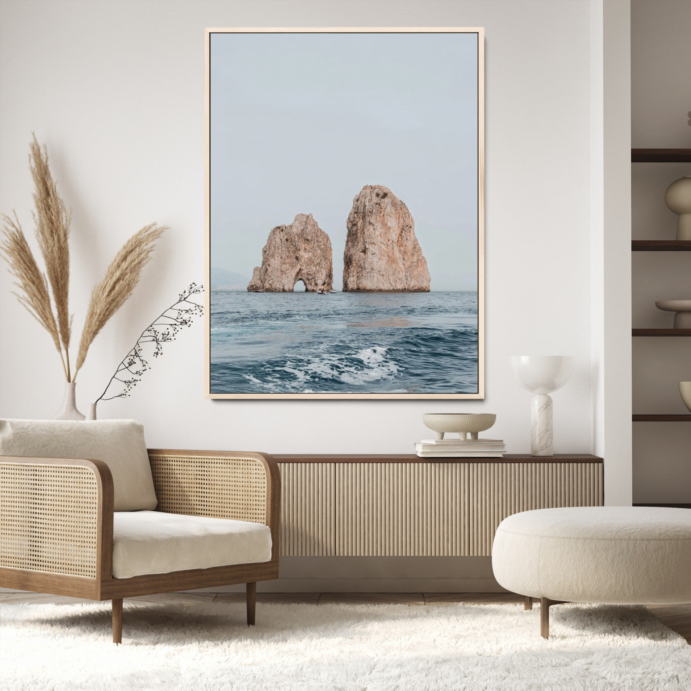 23148844-MGV-CV-24X36-Faraglioni Capri Wall Art Canvas Print, Framed Serene Ocean Art Picture Print, Mediterranean Coastal Perfect Mediterranean