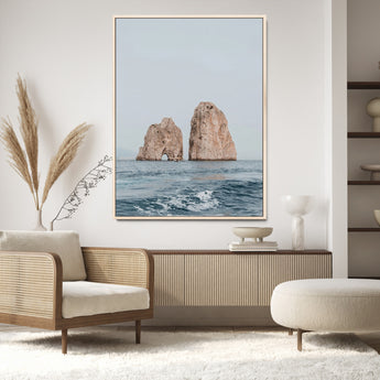 23148844-MGV-CV-24X36-Faraglioni Capri Wall Art Canvas Print, Framed Serene Ocean Art Picture Print, Mediterranean Coastal Perfect Mediterranean