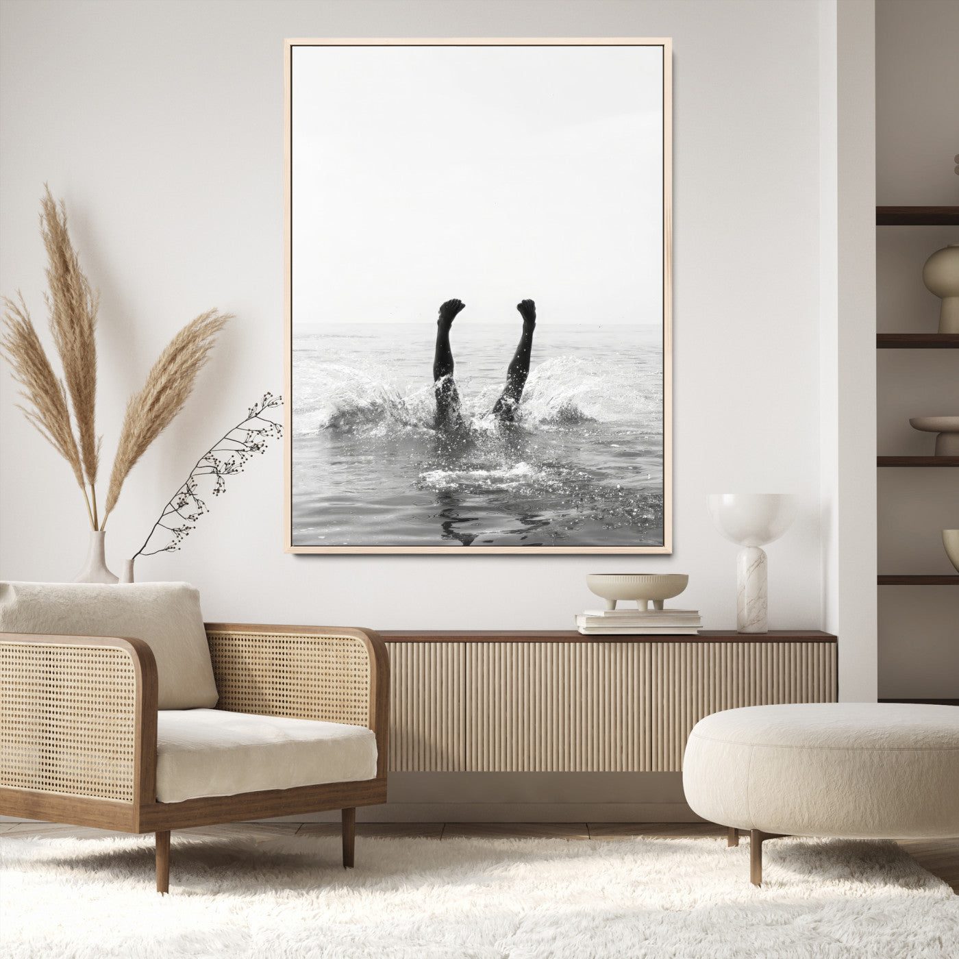 43900465-MGV-CV-24X36-Minimal Ocean Wall Art Canvas Print, Framed Monochrome Diving Art Picture Print, Swimmer in Sea Perfect Minimalist Coastal Decor