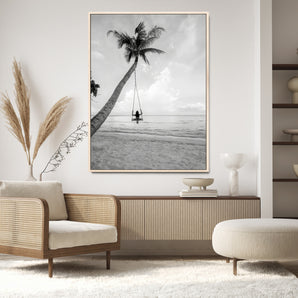 78460277-MGV-CV-24X36-Black White Palms Wall Art Canvas Print, Framed Beach Swing Art Picture Print, Monochrome Coastal Perfect Minimalist Coastal Decor