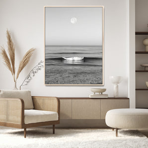 96234442-MGV-CV-24X36-Black White Ocean Scene Wall Art Canvas Print, Framed Full Moon Over Sea Art Picture Print, Tranquil Coastal Canvas Perfect