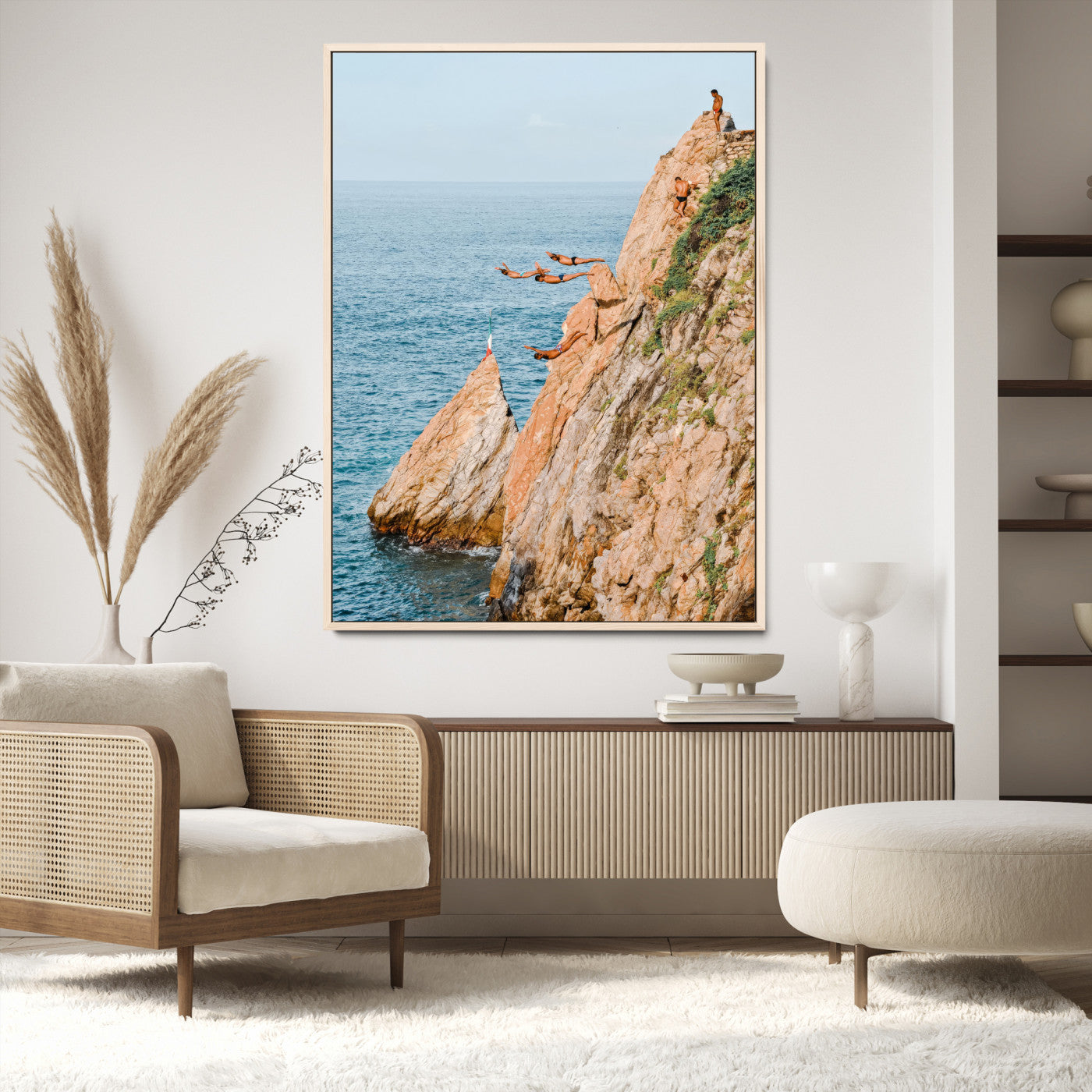 74527880-MGV-CV-24X36-Cliff Divers Wall Art Canvas Print, Framed Ocean Adventure Art Picture Print, Coastal Movement Perfect Adventurous Coastal Decor
