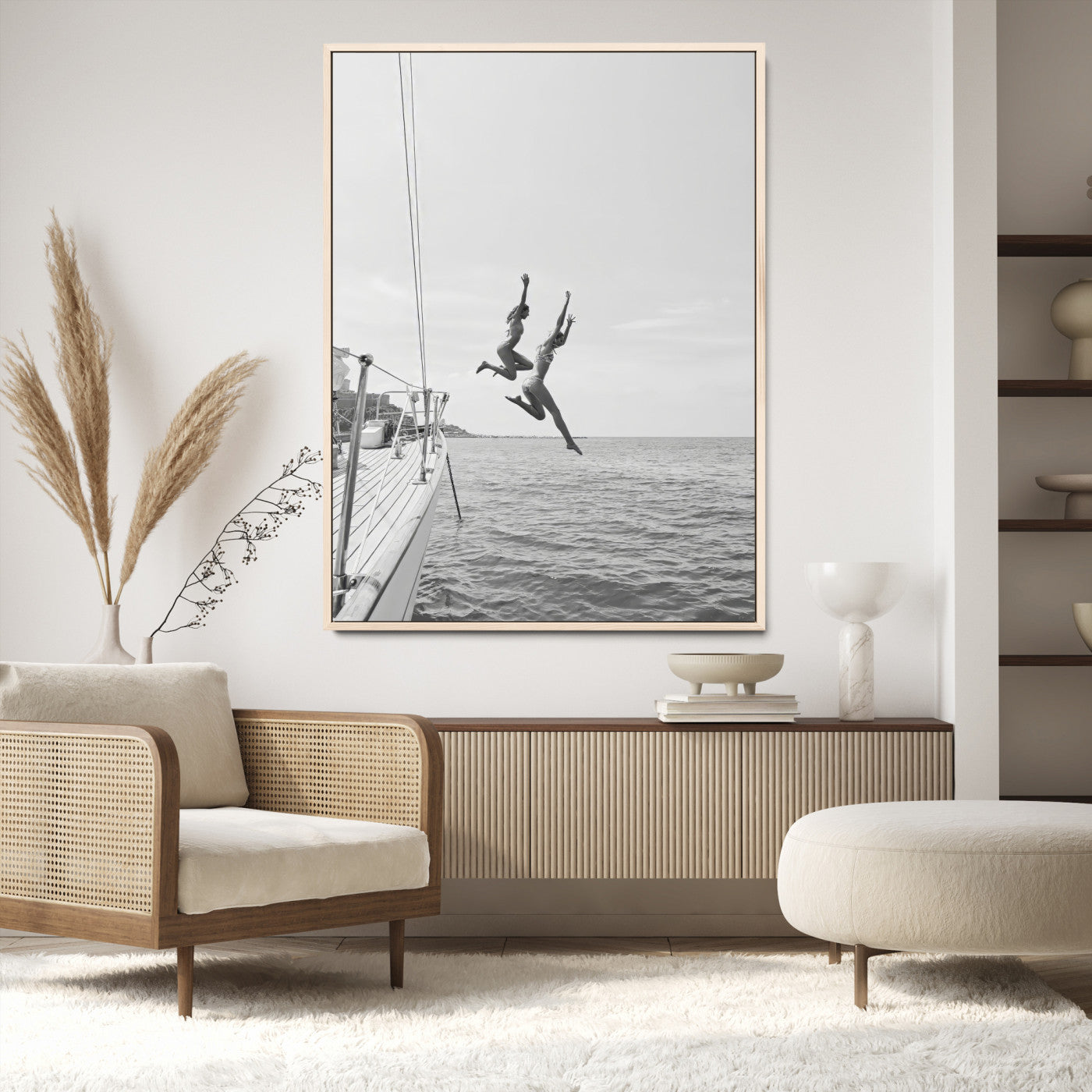 74555508-MGV-CV-24X36-Black White Sailing Wall Art Canvas Print, Framed Ocean Adventure Art Picture Print, Summer Energy Perfect Modern Minimalism Decor