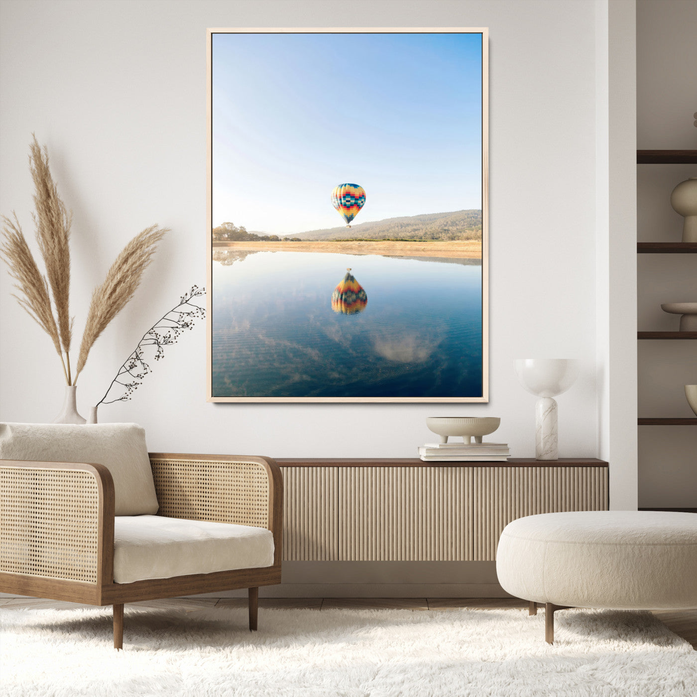 98091684-MGV-CV-24X36-Hot Air Balloon Wall Art Canvas Print, Framed Flight Reflection Art Picture Print, Peaceful Lakeside Perfect Modern Minimalist