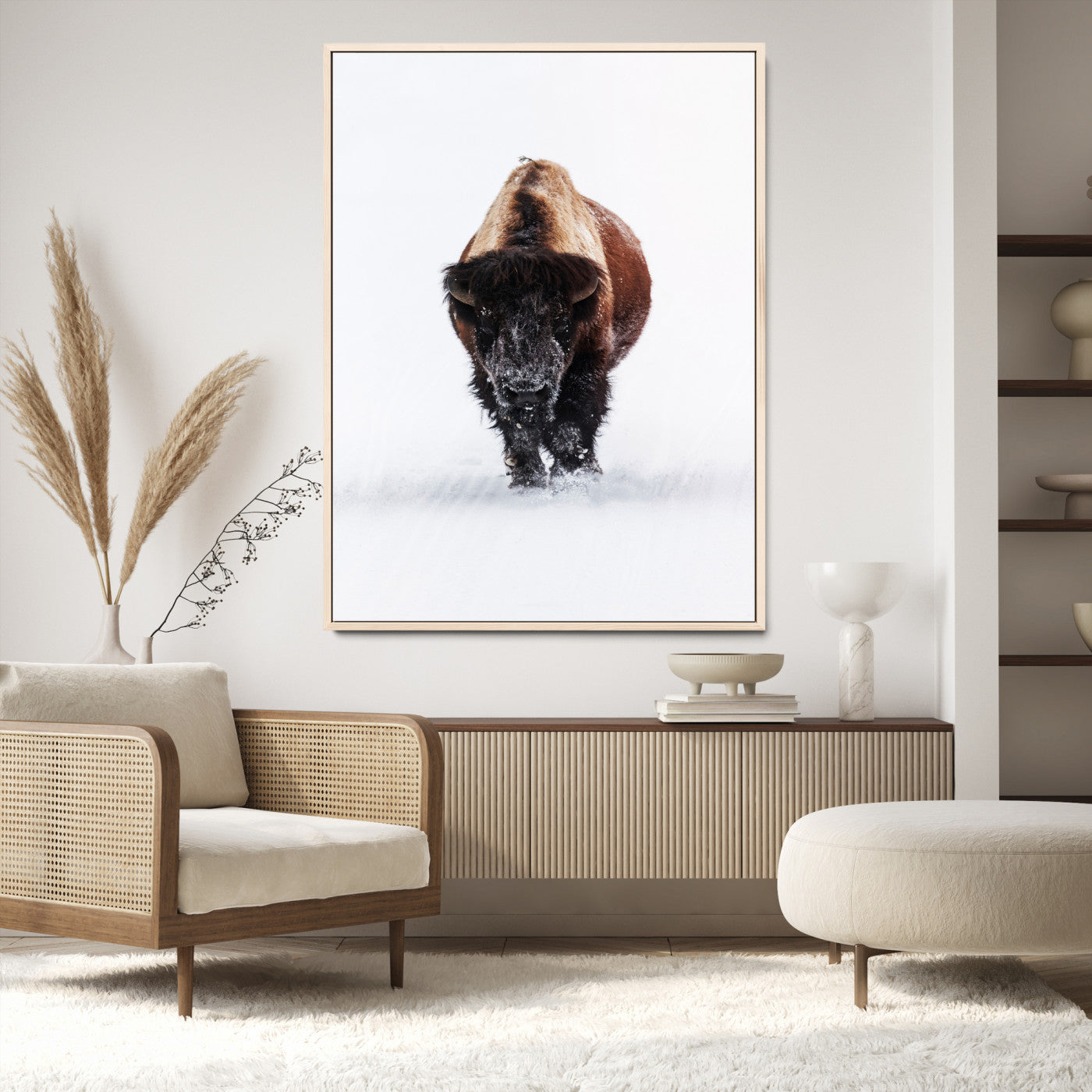 11394883-MGV-CV-24X36-Winter Bison Wall Art Canvas Print, Framed Rustic Wildlife Art Picture Print, Bold Animal Art Perfect Rustic Lodge Decor Artwork