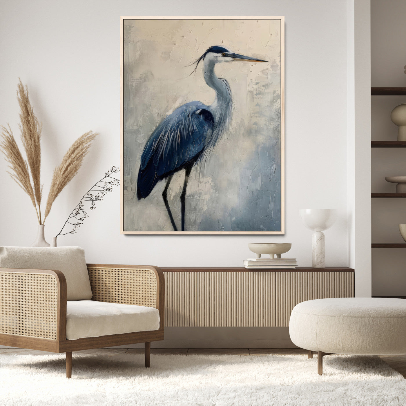 51380726-MGV-CV-24X36-Blue Heron Decor Wall Art Canvas Print, Framed Coastal Bird Design Art Picture Print, Minimal Heron Portrait Perfect Coastal