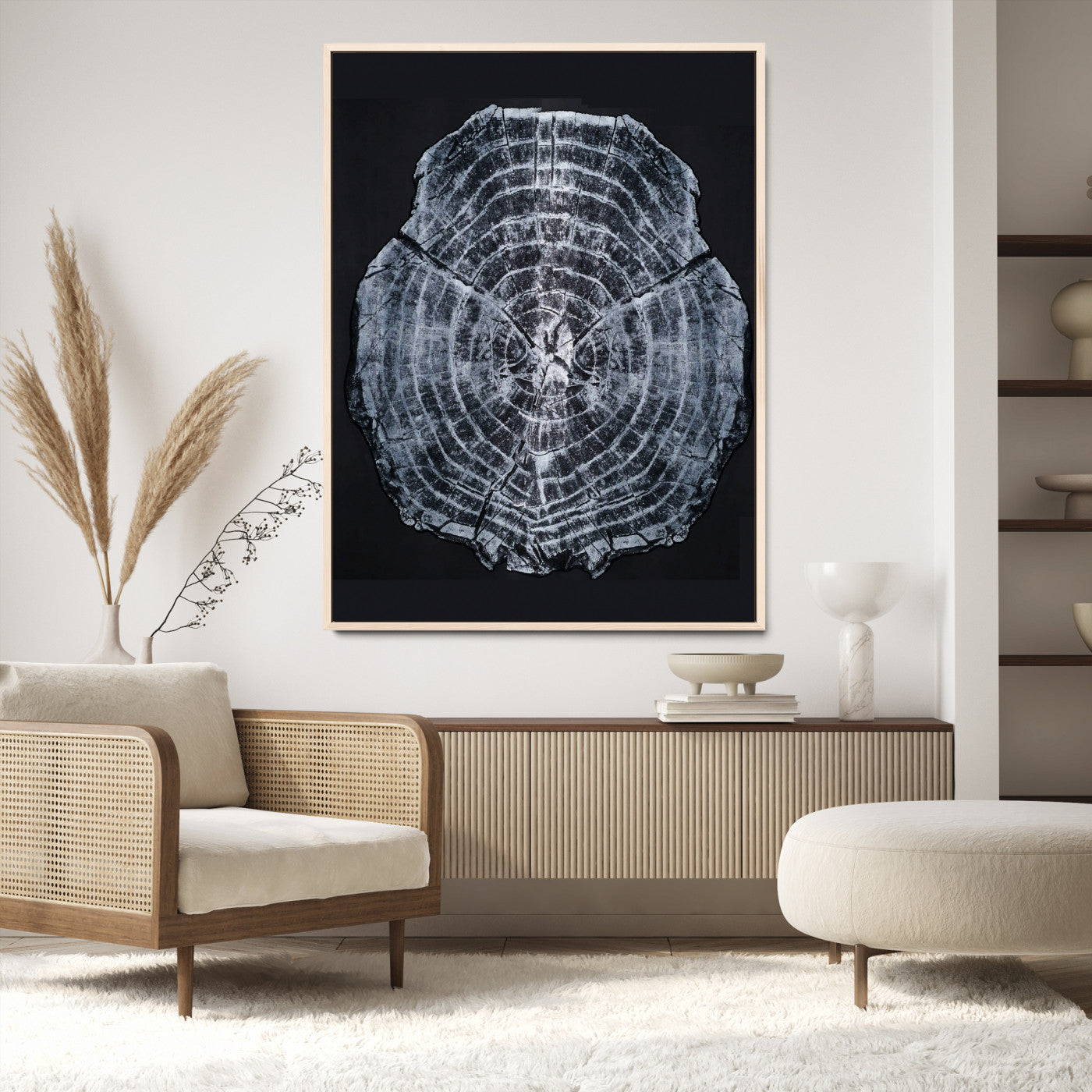 67859667-MGV-CV-24X36-Tree Ring Wall Art Wall Art Canvas Print, Framed Wood Slice Canvas Art Picture Print, Monochrome Nature Decor Perfect Modern