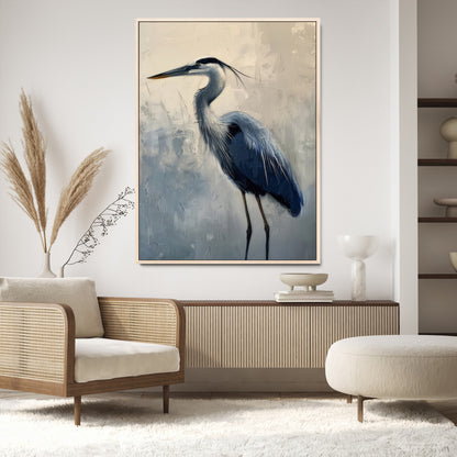 68368019-MGV-CV-24X36-Blue Heron Art Wall Art Canvas Print, Framed Crane Bird Painting Art Picture Print, Elegant Wildlife Scene Perfect Coastal