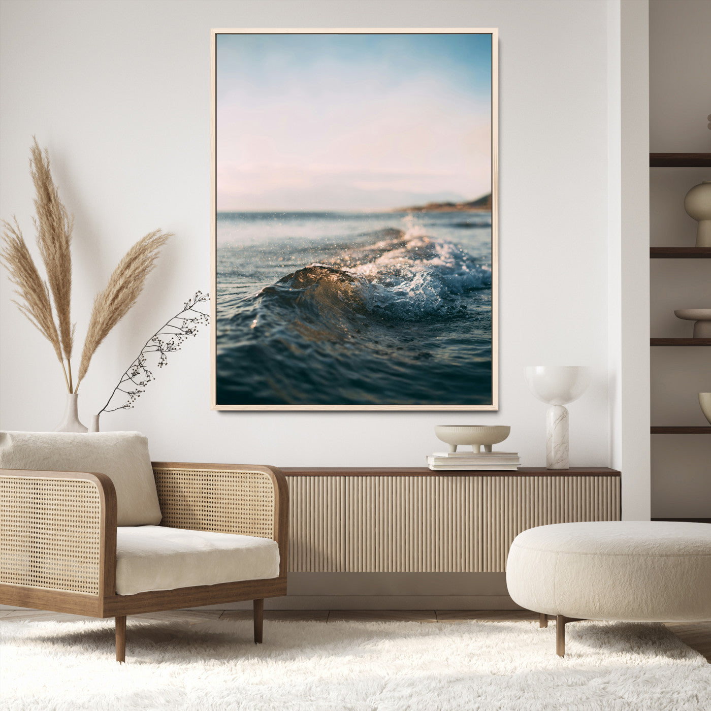 65283502-MGV-CV-24X36-Ocean Waves Wall Art Canvas Print, Framed Coastal Serenity Art Picture Print, Golden Hour Perfect Modern Coastal Decor Artwork