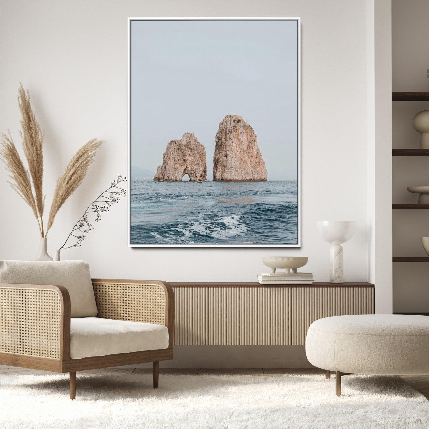 23148844-MGV-CV-24X36-Faraglioni Capri Wall Art Canvas Print, Framed Serene Ocean Art Picture Print, Mediterranean Coastal Perfect Mediterranean