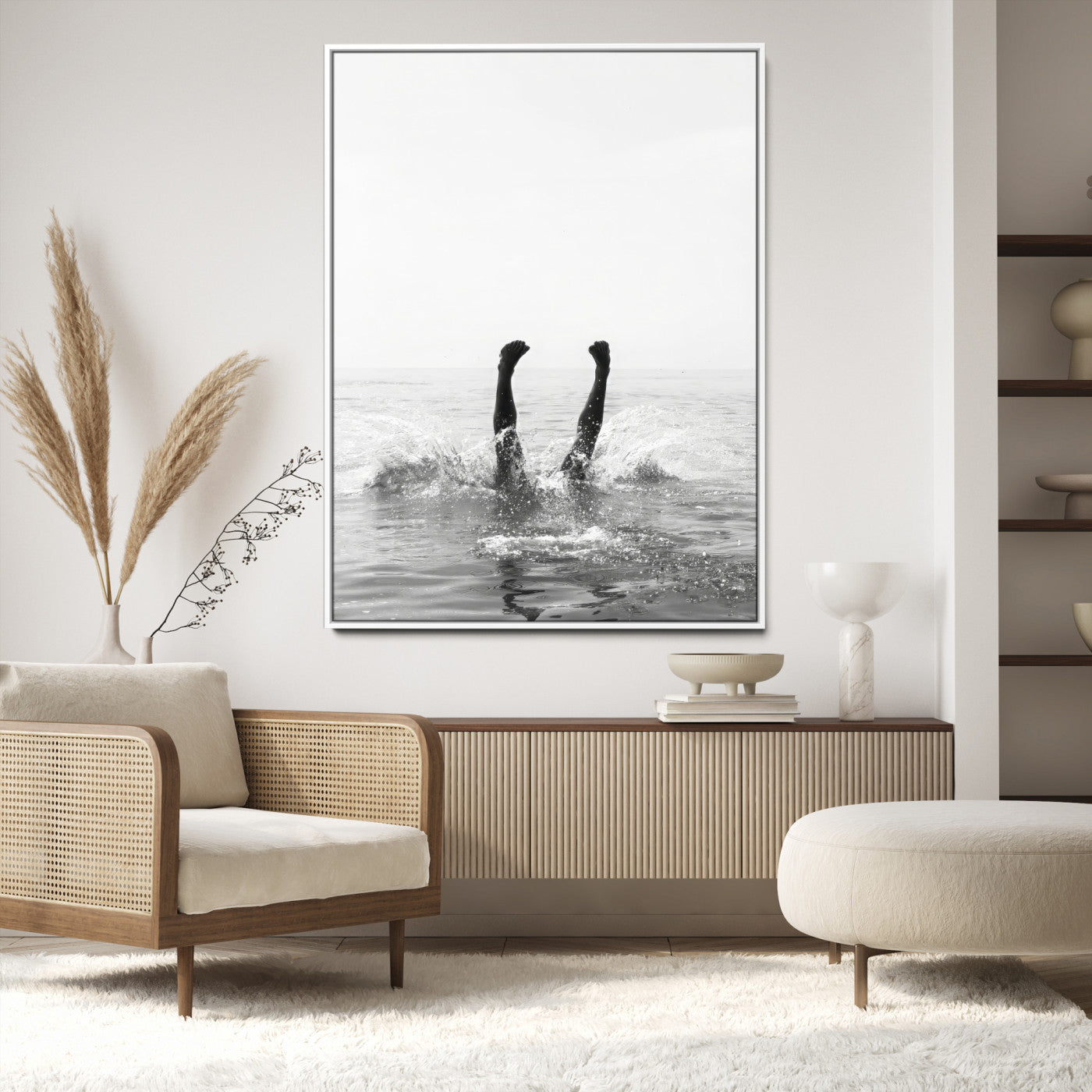 43900465-MGV-CV-24X36-Minimal Ocean Wall Art Canvas Print, Framed Monochrome Diving Art Picture Print, Swimmer in Sea Perfect Minimalist Coastal Decor