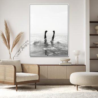 43900465-MGV-CV-24X36-Minimal Ocean Wall Art Canvas Print, Framed Monochrome Diving Art Picture Print, Swimmer in Sea Perfect Minimalist Coastal Decor