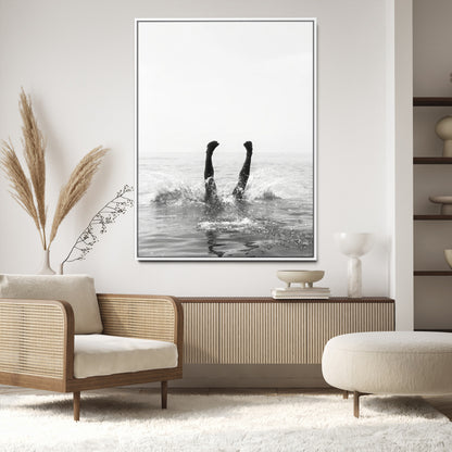 43900465-MGV-CV-24X36-Minimal Ocean Wall Art Canvas Print, Framed Monochrome Diving Art Picture Print, Swimmer in Sea Perfect Minimalist Coastal Decor
