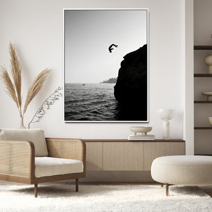 99497106-MGV-CV-24X36-Cliff Jumping Wall Art Canvas Print, Framed Black White Ocean Art Picture Print, Monochrome Cliff Perfect Minimalist Adventure