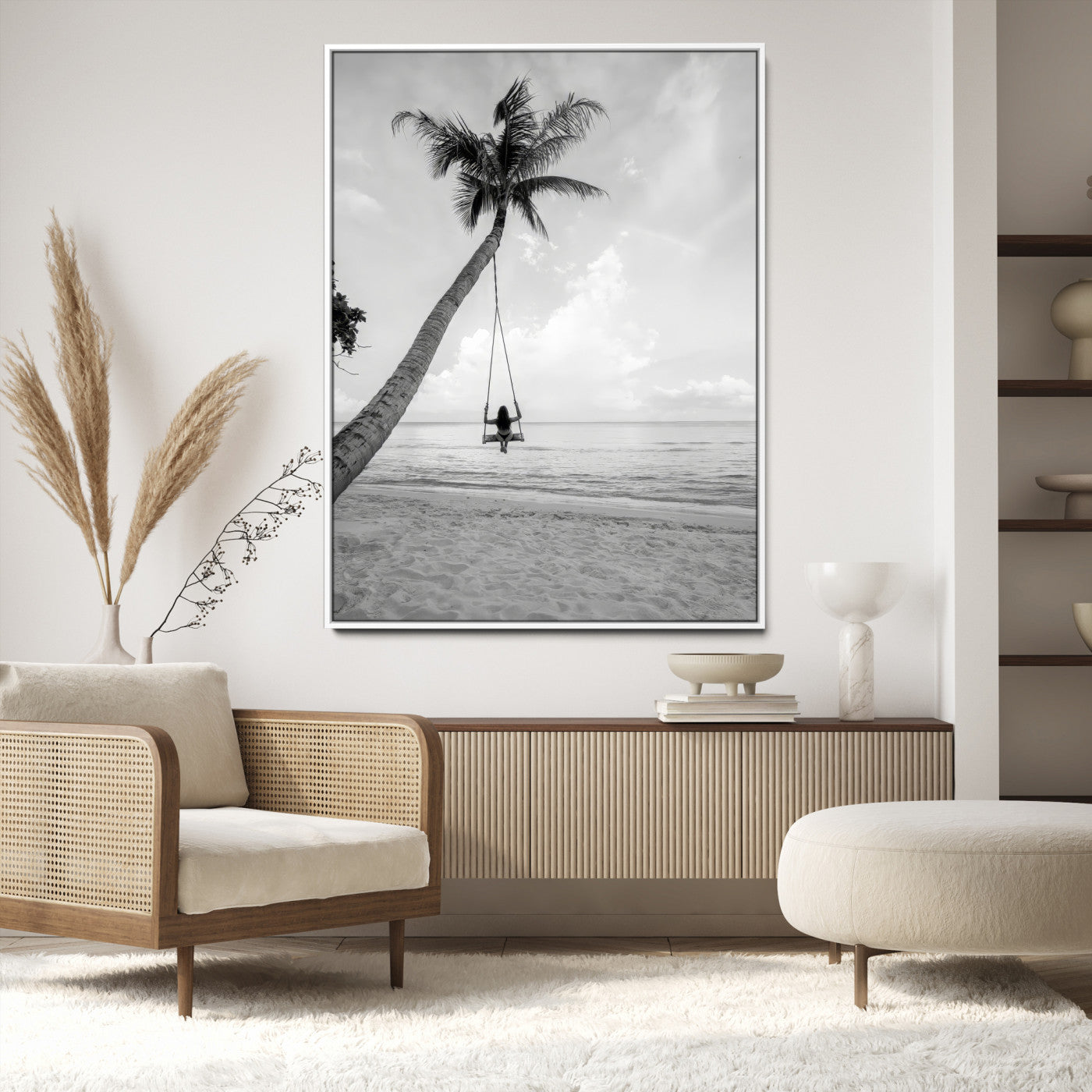 78460277-MGV-CV-24X36-Black White Palms Wall Art Canvas Print, Framed Beach Swing Art Picture Print, Monochrome Coastal Perfect Minimalist Coastal Decor