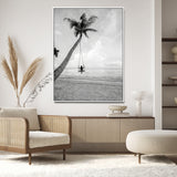 78460277-MGV-CV-24X36-Black White Palms Wall Art Canvas Print, Framed Beach Swing Art Picture Print, Monochrome Coastal Perfect Minimalist Coastal Decor