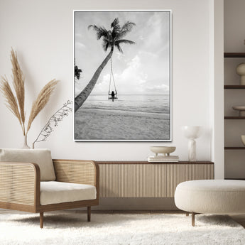 78460277-MGV-CV-24X36-Black White Palms Wall Art Canvas Print, Framed Beach Swing Art Picture Print, Monochrome Coastal Perfect Minimalist Coastal Decor
