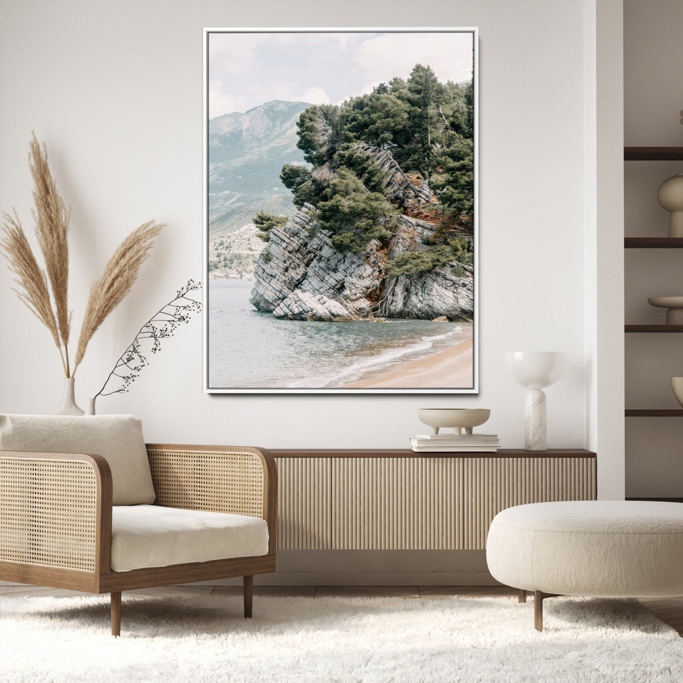 28003346-MGV-CV-24X36-Beach Trees Wall Art Canvas Print, Framed Earthy Beachside Art Picture Print, Beachside Nature Perfect Rustic Coastal Decor