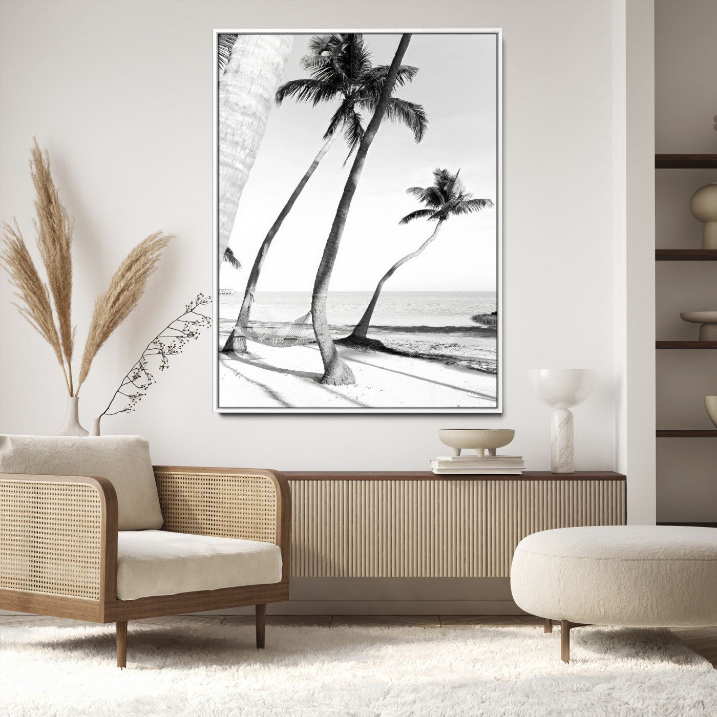 50406026-MGV-CV-24X36-Black White Palms Wall Art Canvas Print, Framed Tropical Beach Art Picture Print, Minimalist Coastal Perfect Coastal Minimalist