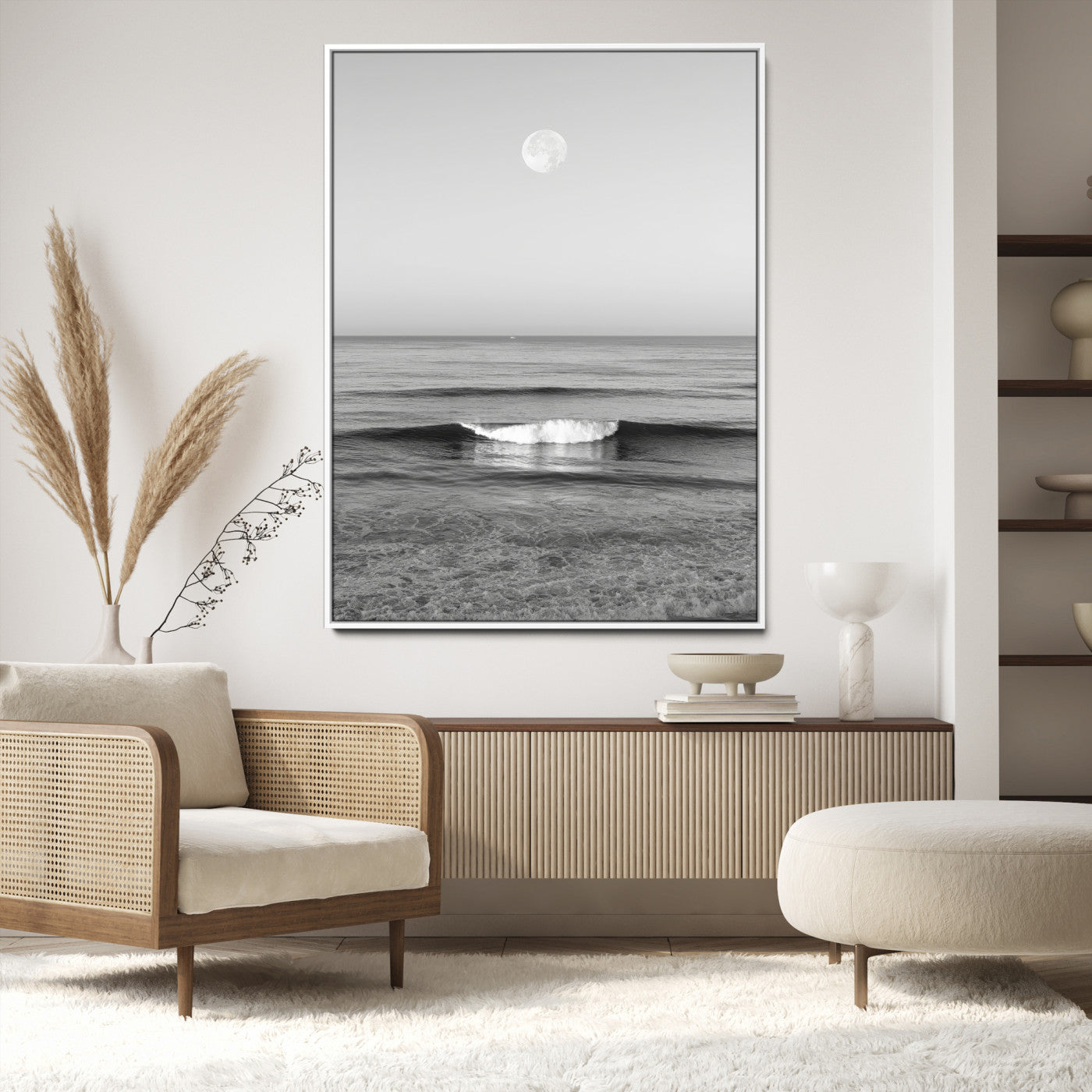 96234442-MGV-CV-24X36-Black White Ocean Scene Wall Art Canvas Print, Framed Full Moon Over Sea Art Picture Print, Tranquil Coastal Canvas Perfect
