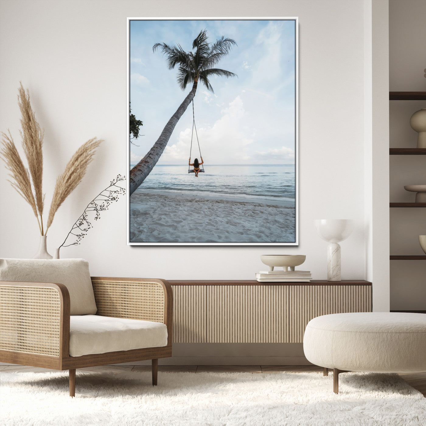 86062249-MGV-CV-24X36-Tropical Swing Wall Art Canvas Print, Framed Ocean Horizon Art Picture Print, Palm Trees Perfect Tropical Minimalist Decor Artwork