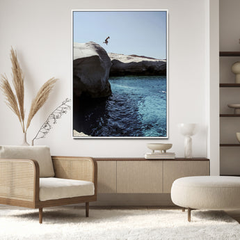 96853328-MGV-CV-24X36-Cliff Diving Wall Art Canvas Print, Framed Turquoise Sea Art Picture Print, Ocean Adventure Perfect Coastal Minimalist Decor