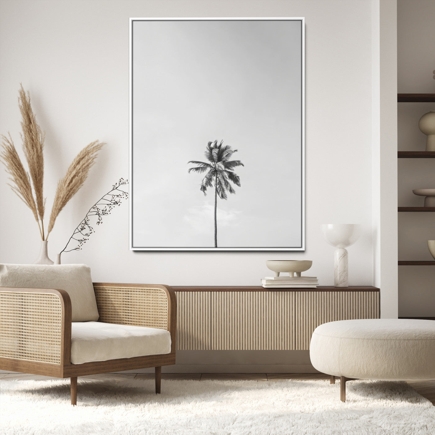 67263674-MGV-CV-24X36-Lone Palm Tree Wall Art Canvas Print, Framed Minimalist Tropical Art Picture Print, Monochrome Beach Perfect Modern Coastal