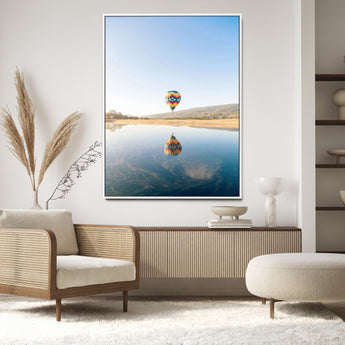 98091684-MGV-CV-24X36-Hot Air Balloon Wall Art Canvas Print, Framed Flight Reflection Art Picture Print, Peaceful Lakeside Perfect Modern Minimalist