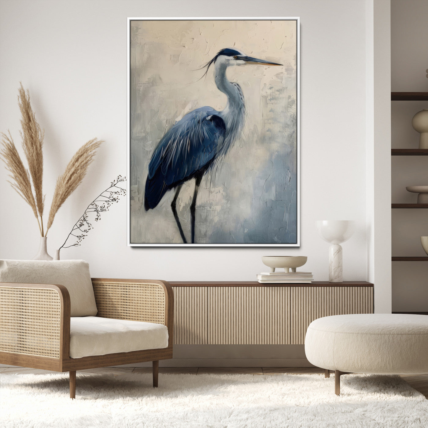 51380726-MGV-CV-24X36-Blue Heron Decor Wall Art Canvas Print, Framed Coastal Bird Design Art Picture Print, Minimal Heron Portrait Perfect Coastal