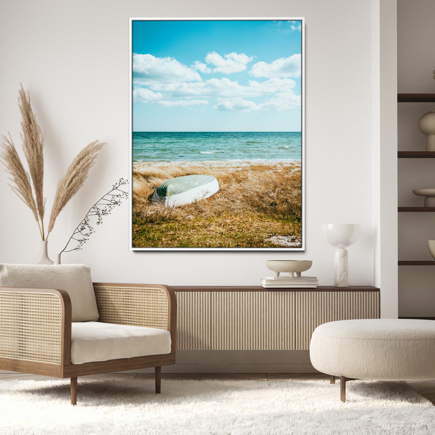 21725303-MGV-CV-24X36-Coastal Serenity Wall Art Canvas Print, Framed Ocean View Art Picture Print, Rustic Boat Perfect Nautical Coastal Decor Artwork
