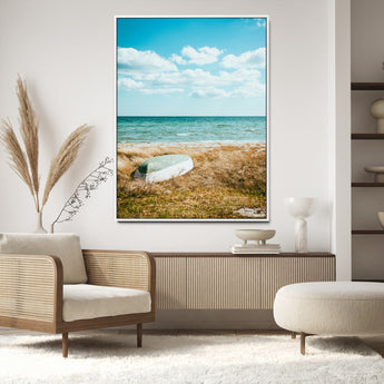 21725303-MGV-CV-24X36-Coastal Serenity Wall Art Canvas Print, Framed Ocean View Art Picture Print, Rustic Boat Perfect Nautical Coastal Decor Artwork