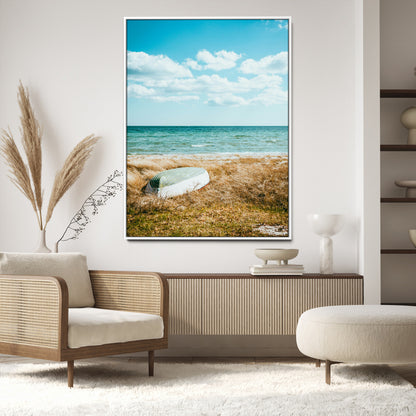 21725303-MGV-CV-24X36-Coastal Serenity Wall Art Canvas Print, Framed Ocean View Art Picture Print, Rustic Boat Perfect Nautical Coastal Decor Artwork