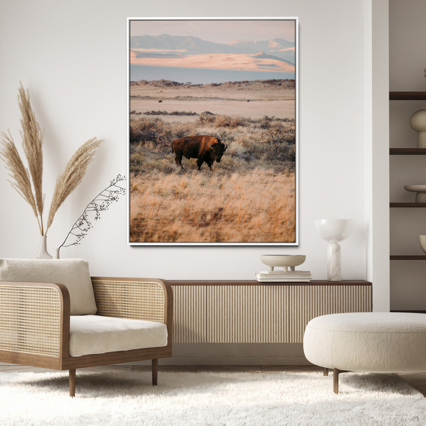 75146693-MGV-CV-24X36-Solitary Buffalo Wall Art Canvas Print, Framed Golden Prairie Art Picture Print, Earthy Tones Perfect Rustic Western Decor Artwork